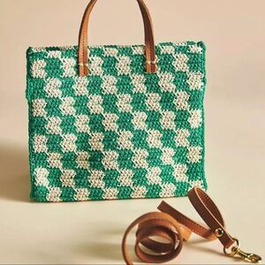 Clare V. Petit Summer Simple tote bag green/cream crochet and leather straps